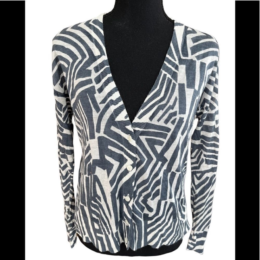 LOFT gray/white abstract print lightweight button front cardigan sweater size S